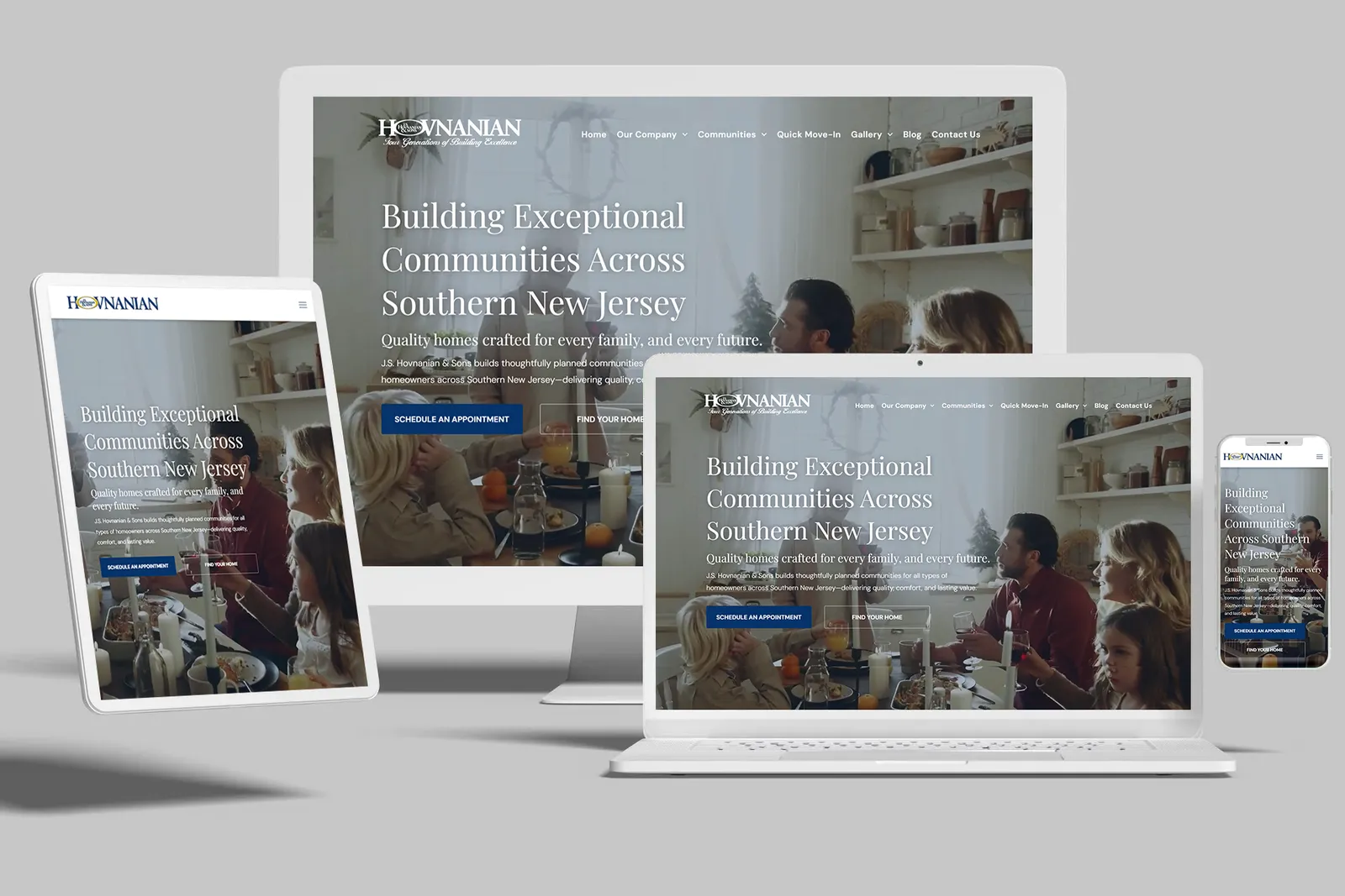 Home builder website shown on desktop, laptop, tablet and phone